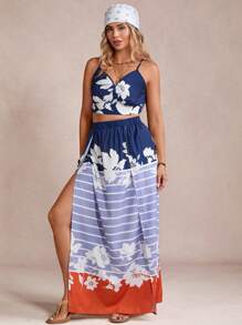 SHEIN VCAY Bộ 2 món áo in hoa đi nghỉ cỡ lớn và chân váy xẻ cao - Xanh và trắng - Xem 4