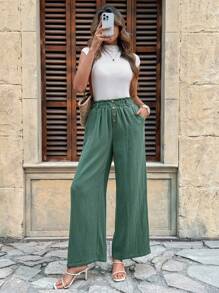 SHEIN Clasi Pantaloni eleganti e comodi da donna con tasche, arricciatura sul bordo, bottoni e contrasto di colori, a gamba ampia, lunghi, versatili per uso quotidiano e per l'ufficio estivo - Verde - Visualizzare 6