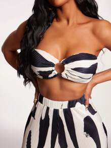 Radiana 2 件套抽象笔触印花褶饰纹理系带抹胸上衣和高腰阔腿裤，休闲度假、约会、街头、通勤、春夏