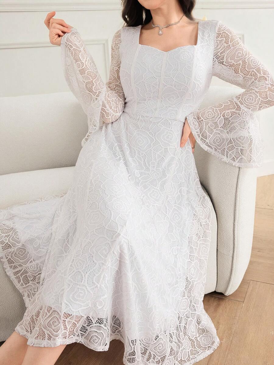 Modelyn Váy ren thanh lịch lãng mạn có cổ trái tim, tay áo nhún bèo, eo chữ A - trắng - Xem 1