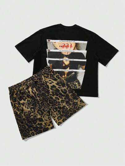 Street Life 2pcs/Set Men's Anime Print Short Sleeve T-Shirt And Shorts Outfit, Suitable For Daily Wear Spring/Summer