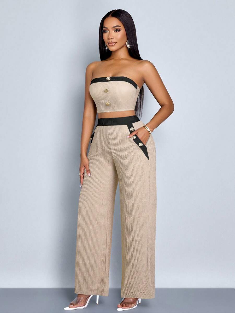 SOLERSUN Bộ áo crop top và quần ống rộng trang trí nút màu cho nữ - Màu be - Xem 1