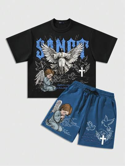 Street Life Herren Set aus bedrucktem Kurzarm T-Shirt, Retro Streetwear