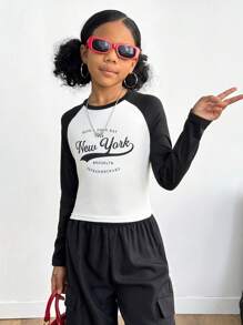 SHEIN Tween Girl Casual Raglan Sleeve Colorblock Letter Print Crop Top T-Shirt