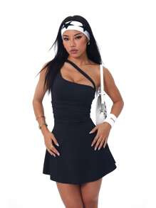 Dewbera 1pc Plain Color Hollow Asymmetric Neckline Sleeveless Sports Dress