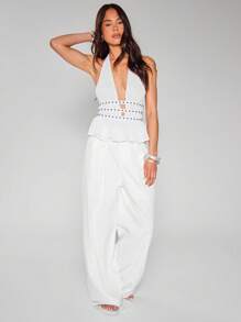 MUSERA Halterneck Ruched Top With Eyelet Banding Western Festival Ibiza Holiday Summer Spring - White - View 3