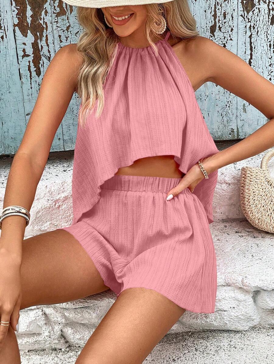 SHEIN Holidaya 新年服装高低下摆吊带上衣和短裤 - 藕粉色 - 查看 1