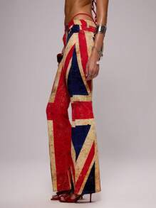 MUSERA Low Rise Asymmetric Waist Fitted Flare Union Jack Trouser Spring, Summer, Holiday, Festival, Rave, Grunge, Cool Girl, Y2K