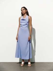 Lumivelle New Elegant Halter Backless Dress, Draped Neck Backless Long Dress, French Style Backless Party Dress, Vacation Beach Dress, Balinese Island Beautiful Outfit, Artistic Draped Neck Casual Backless Sundress