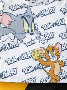 TOM & JERRY X SHEIN 男婴卡通酷炫图案短袖T恤和黑色短裤套装，夏季两件套 - 黑與白 - 查看 4