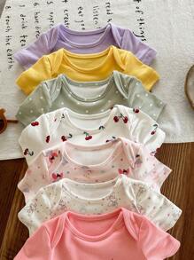 SHEIN LMoss Kids 7 قطع طقم رومبير أطفال حديثي الولادة بنات صيفي بطبعات كرتونية جميلة أكمام قصيرة مstriكة