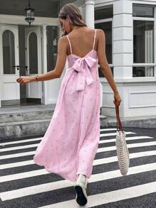 SHEIN LUNE Abito casual da vacanza con lungo laccio, a righe rosa e fiocco sulla schiena, adatto per primavera ed estate