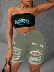 Slaydiva Plus Size Women Casual Street Style Elastic Ripped Denim Shorts, Autumn - Green - View 5