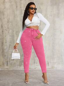 SHEIN SXY 大码珍珠装饰弹力蓝色牛仔紧身裤 - 粉色 - 查看 7