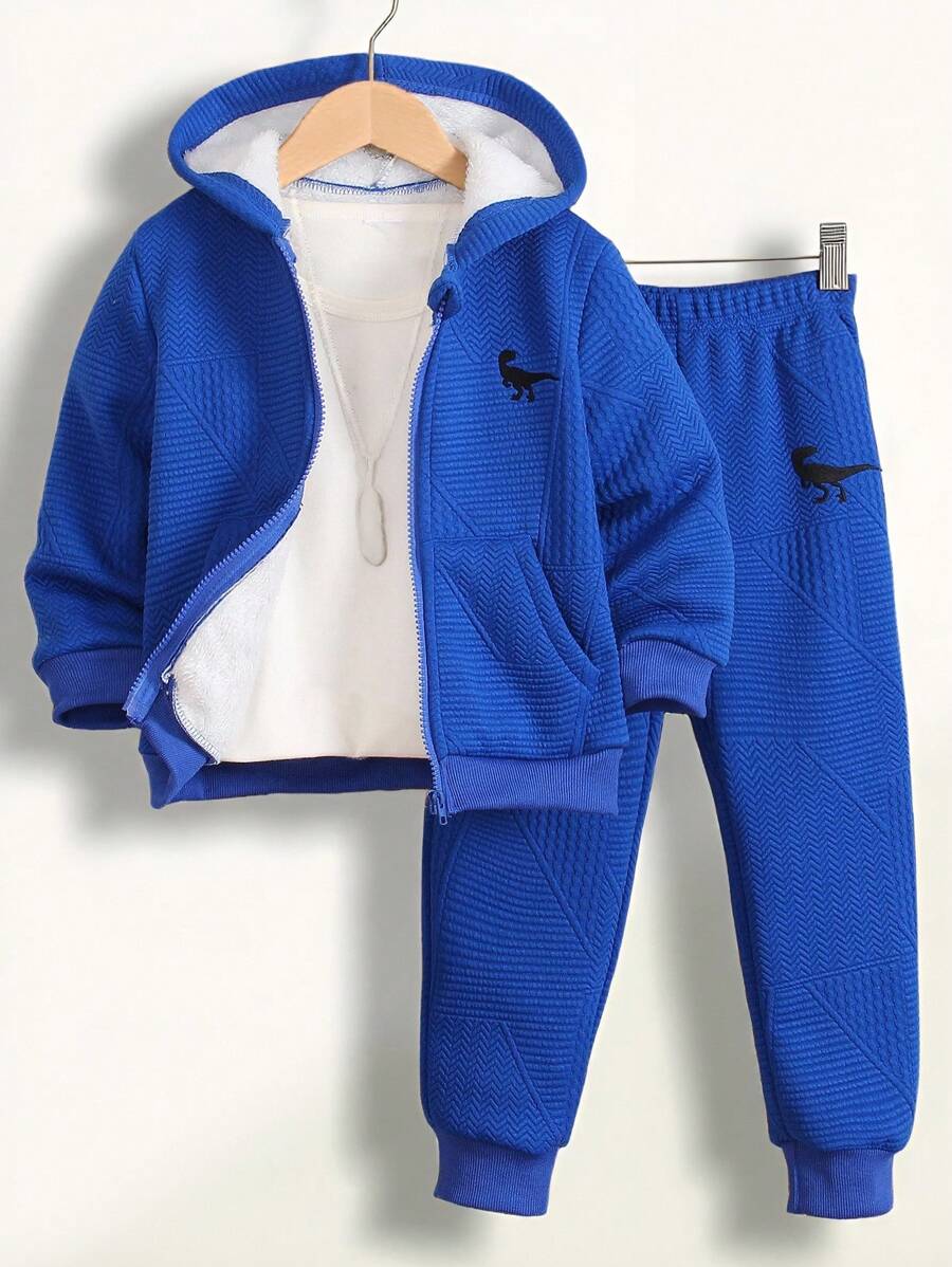 SHEIN 2 件装小男孩可爱刺绣恐龙印花拉链连帽夹克和裤子套装，休闲街头滑板舒适保暖服装，适合秋冬季 - 藍色 - 查看 1
