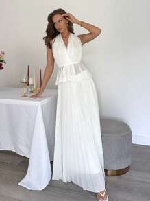 SHEIN Essnce 女士 2025 夏季两件套：波西米亚海岸白色露背吊带上衣和飘逸长裙 | 海岛度假蜜月海滩泳池派对婚礼宾客礼服 | 女士优雅休闲装 - 白色 - 查看 1