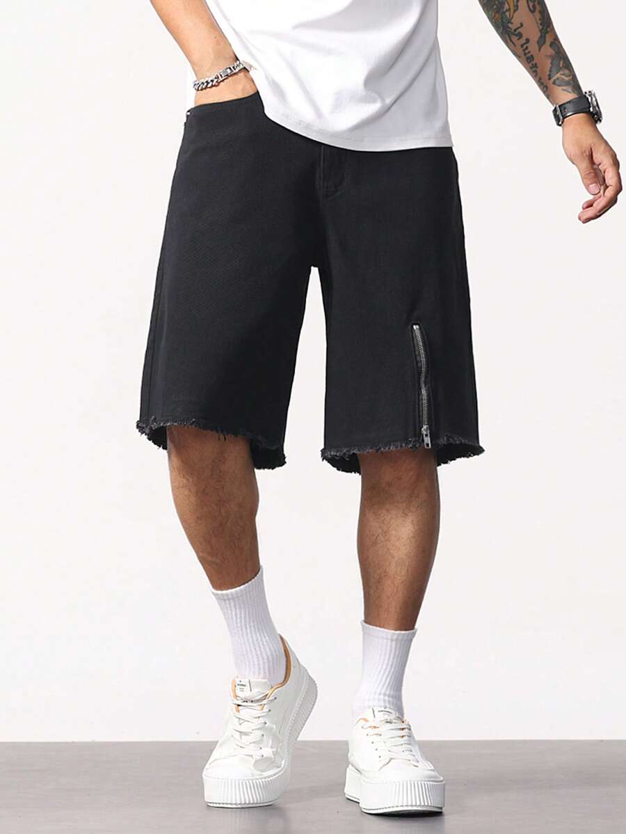 Manfinity Hypemode 男式宽松破洞下摆拉链口袋牛仔短裤 - 黑色 - 查看 1