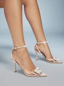 SHUZIA Women Comfortable Kitten Heel Pumps Rhinestone Ankle Strap With Rhinestone Buckle - Beige - View 2
