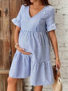 SHEIN Maternity Nursing Dress, Blue Striped Dress Women Short Dresses Summer Summer Dresses For Women Casual Maternity Dress Summer Blue White Vacation - Blue and White - View 3