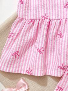 SHEIN Vintaside Kids 2 Pcs Baby Girl Toddler/Newborn 0-3Y Casual Daily Cute Vacation Striped Bow Tank Top + Shorts Set, Spring/Summer - Pink - View 8