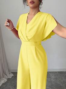 Elenzga Women's Solid Color Waistline Design Elegant Everyday & Holiday Jumpsuit - Yellow - View 4