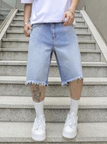 Manfinity EMRG 男士水洗做旧牛仔短裤 - 淺色水洗藍 - 查看 7