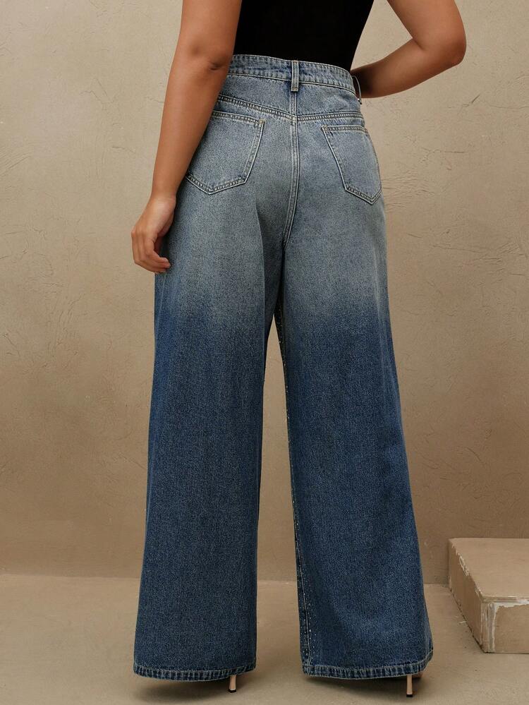 Plus Size Women's Rhinestone Embellished Blue Straight Leg Jeans