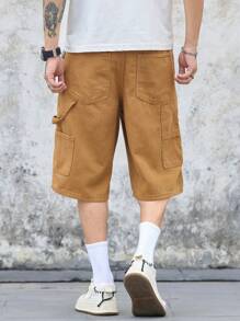 Manfinity Homme Pantalones cortos holgados de cintura ancha, de longitud media, con bolsillo y cordón, de denim - Amarillo Mostaza - Ver 2