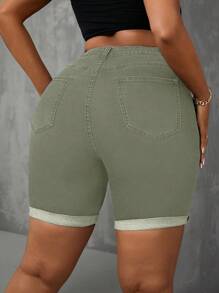 Slaydiva Plus Size Women Casual Street Style Elastic Ripped Denim Shorts, Autumn - Green - View 2