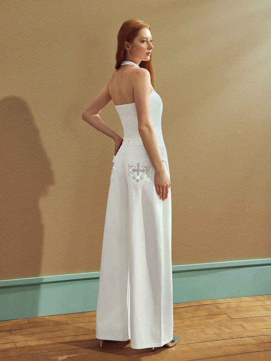 SHEIN Essnce Women's Zodiac Jeans Casual Elegant Commuting Solid Color Wide Leg Jeans - White - View 1