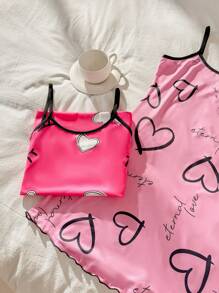 SweetSlumber 3pcs/Set Heart Print Camisole Nightgown Set, Fashionable For Summer Pink Pajamas  Cozy And Elegant Details - Multicolor - View 5
