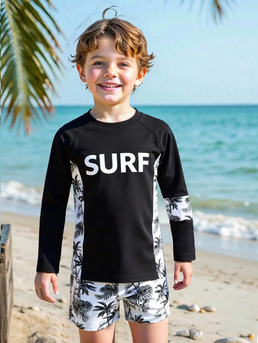 男童时尚棕榈树印花长袖防晒衣和短裤泳衣套装 - 黑與白 - 查看 1