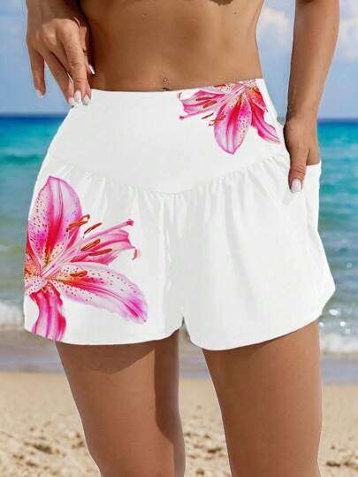 Swim Lushoire Women's Loose Lily Flower Printed Pocketed Beach Shorts, Summer Holiday