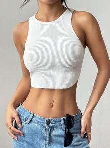 SHEIN PETITE 小号/短款纯色圆领无袖休闲针织背心 - 米色 - 查看 4