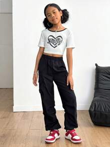 SHEIN Explorewe 青少女愛心字母印花T恤和純色貨物褲2件套裝