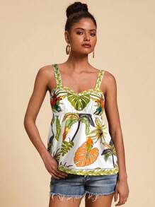 Travachic Top de tirantes con estampado tropical y volantes en el bajo para mujer, perfecto para vacaciones - Blanco - Ver 3