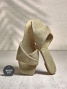 SHUZIA Women's Wide-Fit Criss Cross Slip On Minimalist Flat Sandals - Beige - View 7