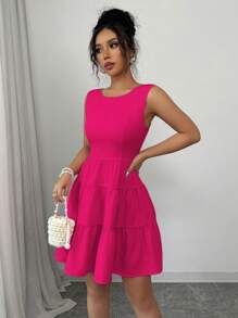 Elenzga Women Plain Round Neck Sleeveless Backside Bow Design Short Dress