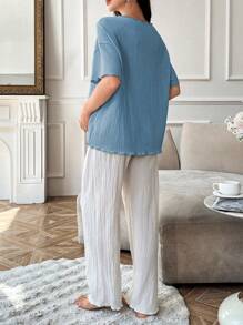 Solid Color Asymmetrical Button Short Sleeve & Pants Maternity Pajama Set