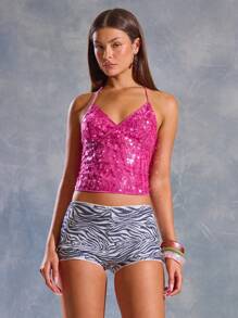 MUSERA 亮片露背吊带上衣，伊比沙岛风，Y2K风格，酷女孩，节日，锐舞派对，度假，夜店，可爱，假日外出上衣，性感闪亮圣诞秋季款