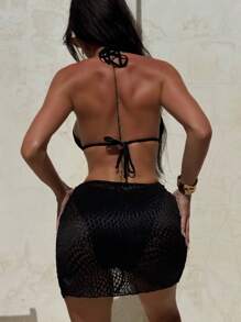 Swim SXY 女士性感露背吊带蛇纹比基尼泳装 - 黑色 - 查看 3