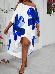 SHEIN VCAY Vestido de vacaciones asimétrico de un hombro y dobladillo para talla grande - azul real - Ver 3