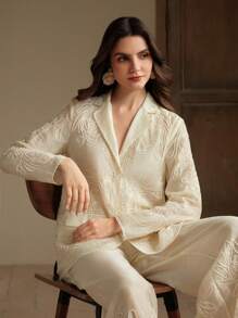 Anewsta Spring & Summer Fashion 3D Embroidery Sheer Organza Blazer - Apricot - View 8