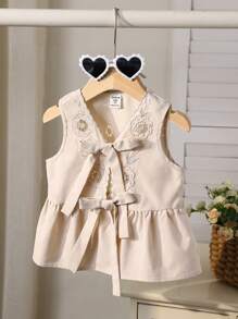 SHEIN Camisa sin mangas elegante con volantes y bordados de moño de color albaricoque sólido para niñas preadolescentes - Albaricoque - Ver 10