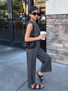 Nova Glow Tween Girl 时尚 V 领蓝色条纹连体裤休闲通勤裤 - 藍色 - 查看 3