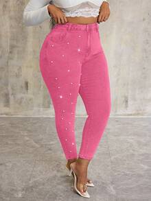 SHEIN SXY 大码珍珠装饰弹力蓝色牛仔紧身裤 - 粉色 - 查看 5