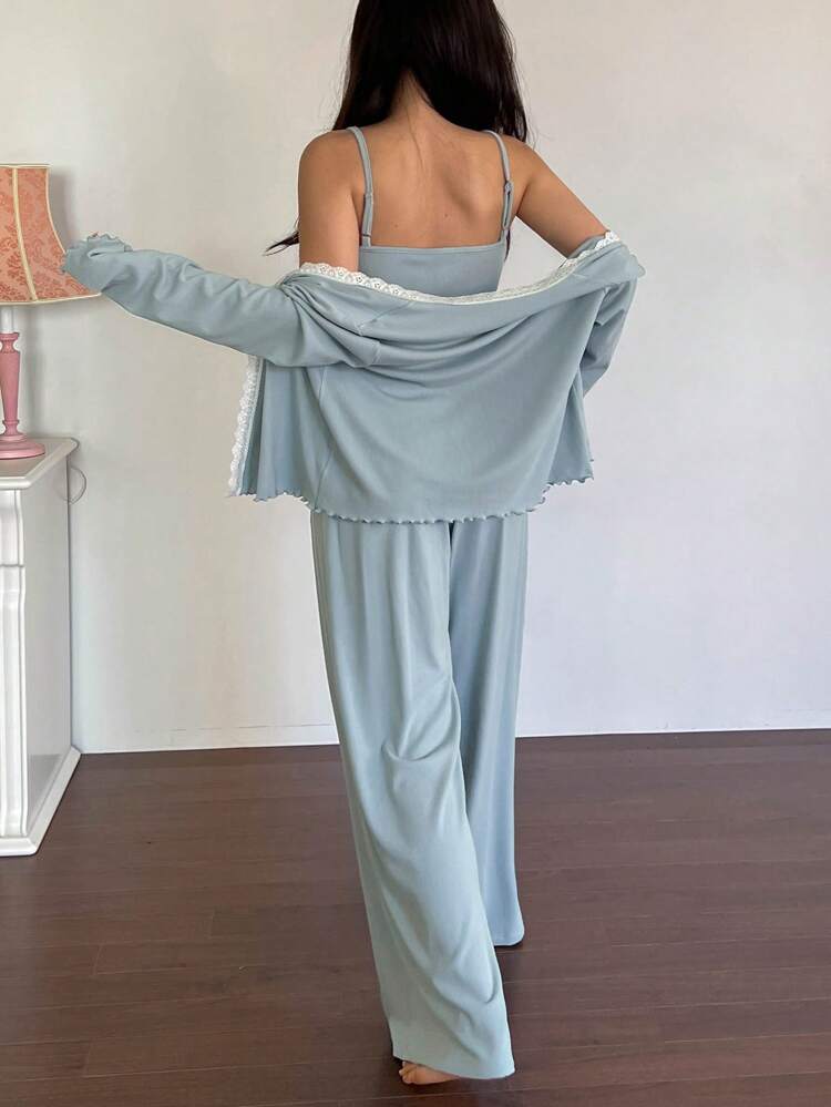 3pcs Set Sweet Contrast Color Lace Patchwork Robe, Camisole Top And Pants Women Pajama Set, Fall Winter Clothes