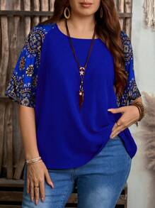 EMERY ROSE 加大码圆领短袖休闲衬衫，波西米亚风夏季，西部风，度假风 - 寶藍色 - 查看 1