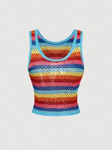 SHEIN Unity 女款彩虹条纹镂空毛衣背心，夏季时尚单品 - 彩色 - 查看 1