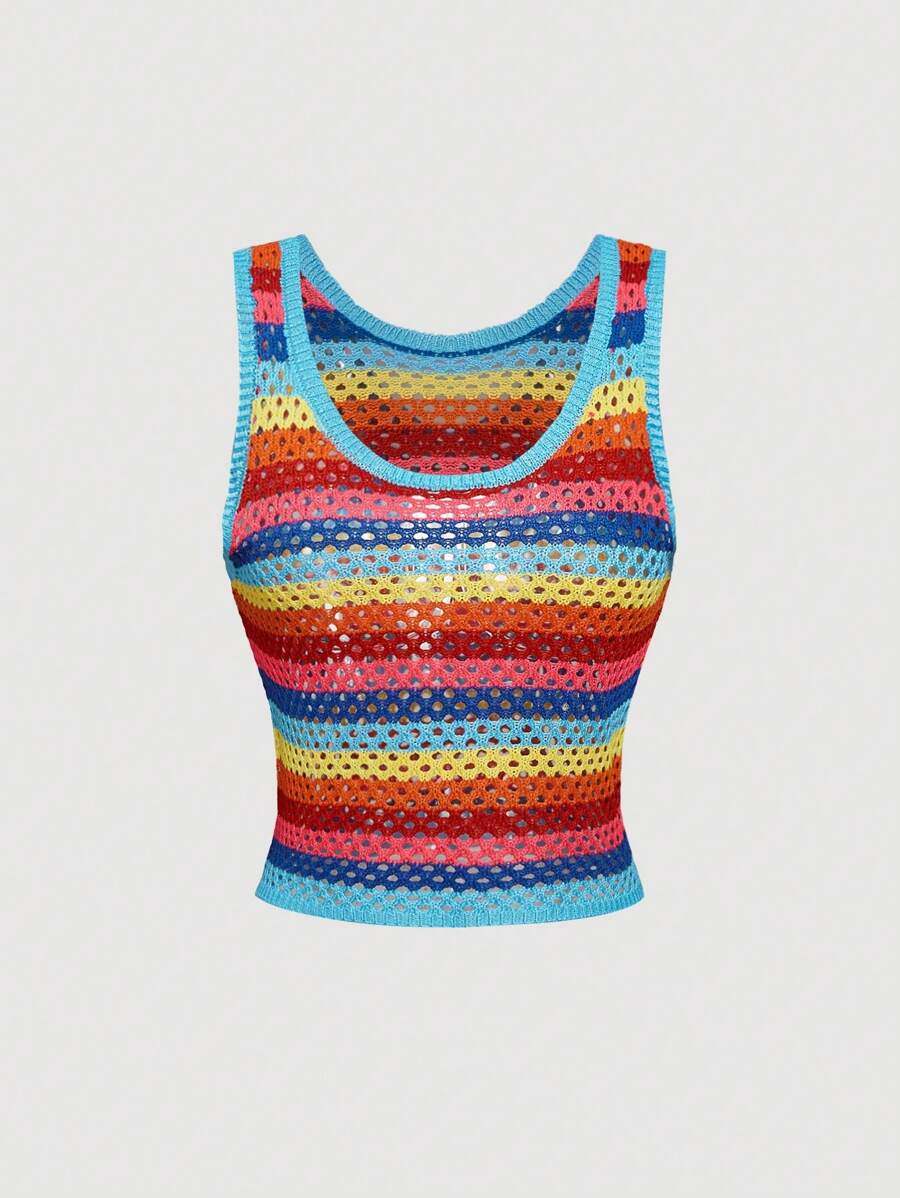 SHEIN Unity 女款彩虹条纹镂空毛衣背心,夏季时尚单品 - 彩色 - 查看 1